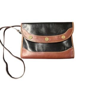 Brahmin Women's Purse Brown Black Leather Gold Buttons Crossbody Clutch Vintage